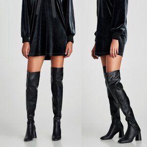 ZARA Black Thigh High Over the Knee Cylinder Round Heel Boots ⭐️